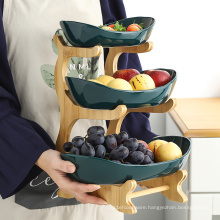 3 tiers ceramic fruit candy dish tray with wooden stand decorative cheap 3 tier bamboo cake stand fruit tray